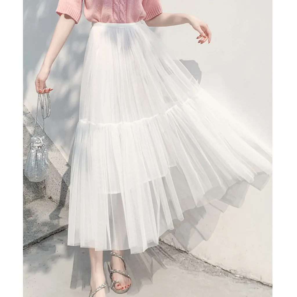 Летнее платье; юбка для девочек; плиссированное платье с высокой талией воздушная юбка женские модные одноцветные повседневные туфли из сетчатого материала и газовыми оборками Длинная юбка# G8
