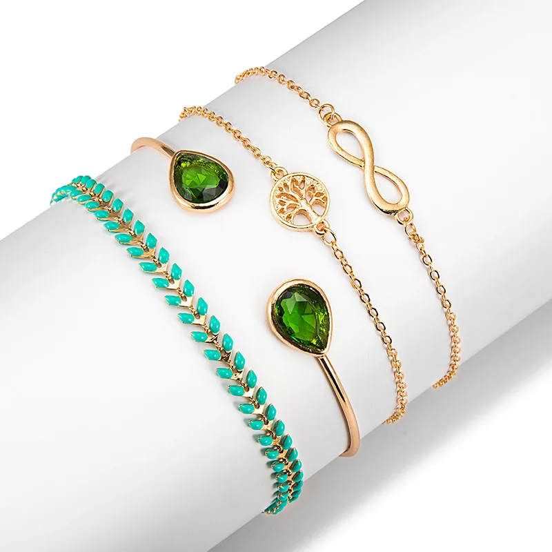 AOMU 4 шт., богемные Зеленые Бусины из камня, браслеты-цепочки, браслеты для женщин, модные листья, галстук, золотой цвет, цепочки, браслеты, наборы ювелирных изделий