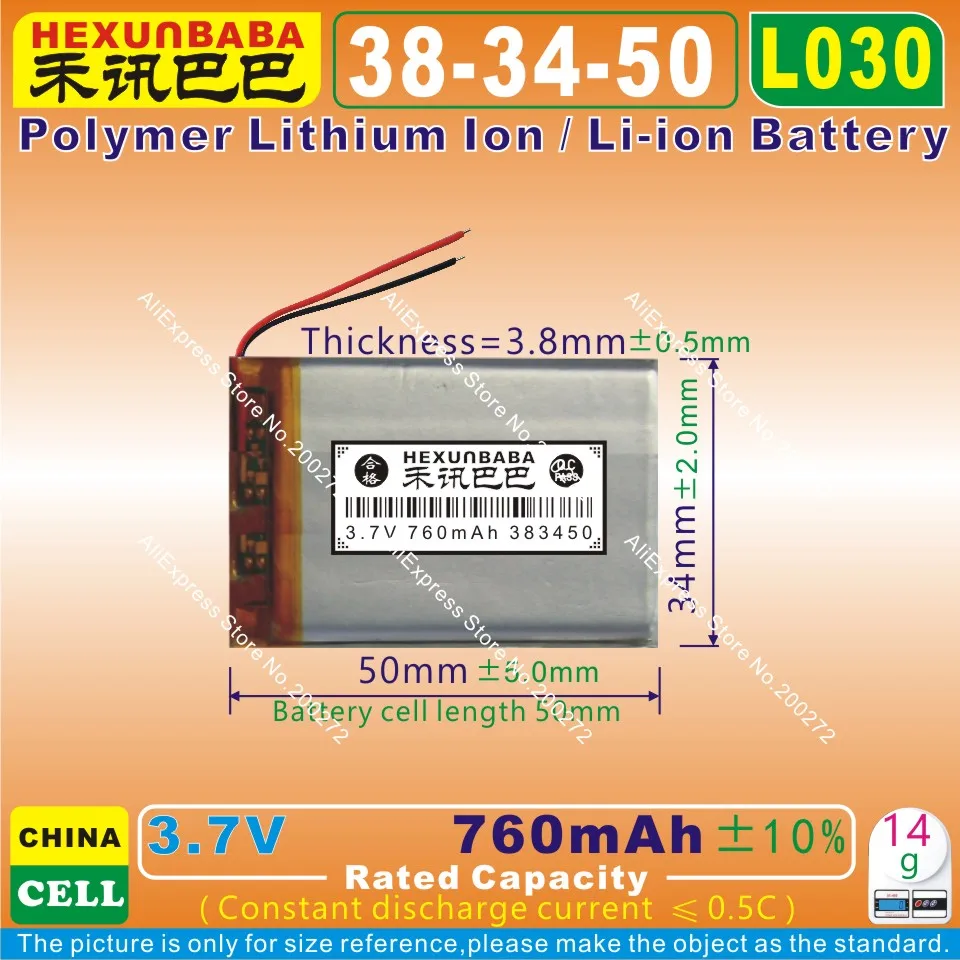 4pcs [L030] 3 7 V 760mAh [383450] PLIB (полимерная литий-ионная/литий-ионная батарея) для dvr GPS mp4