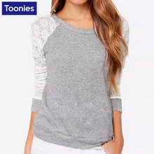 2017 New Fashion Long Sleeve T Shirt Women Lace Patchwork T-shirt Women Tops Plus Size XXL Gray Tshirt Women Casual Tops Tee