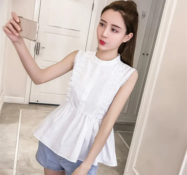 2018 Plus Size Women White Casual Peplum Tops Elegant O-Neck Chiffon Blouses Sleeveless Ruffles Button Crochet Lace Shirt Blouses