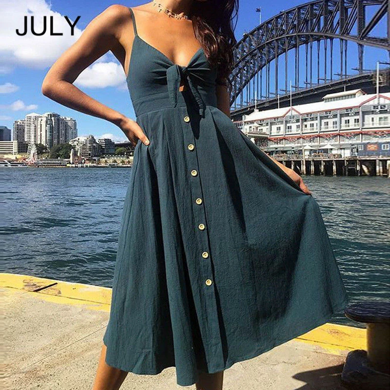 

Summer Dress Sexy Bow Backless Polka Dots Print Beach Women 2019 Cotton Deep V Neck Buttons Red White Off Shoulder Midi Dresses