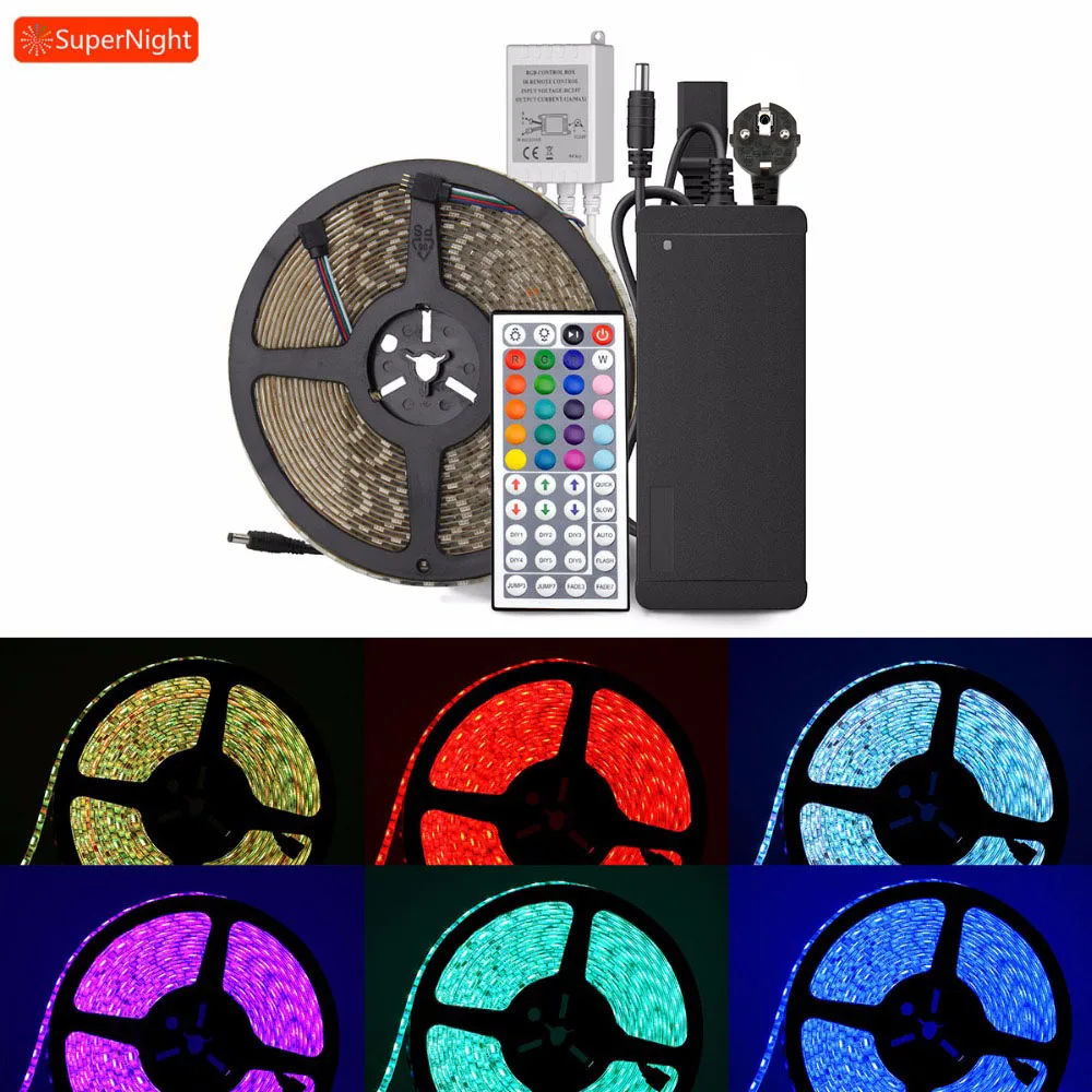 

SuperNight 5050 RGB LED Strip kit 10M 60LEDs/m DC 24V IP65 Waterproof Tape Light with 44 Keys Controller Power Adapter US EU UK