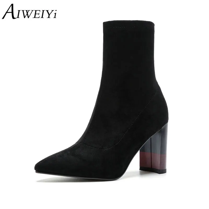 

AIWEIYi High Quality Suede Leather Boots Women Thick High Heels Platform Ankle Boots For Women Autumn Winter Shoes