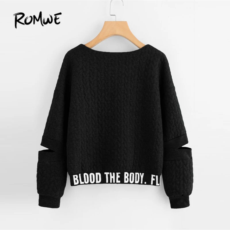  ROMWE Drop Shoulder Cut Sleeve Sweatshirt Black Long Sleeve Cut Out Letter Female Top Round Neck Re