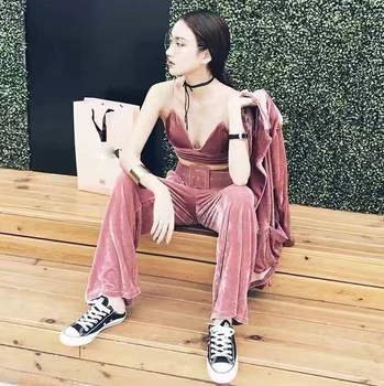 

amazing women's suits,suit jacket and pants tracksuit for women,sexy velvet 3 piece set,unique crop top+sexy camisole+pants set