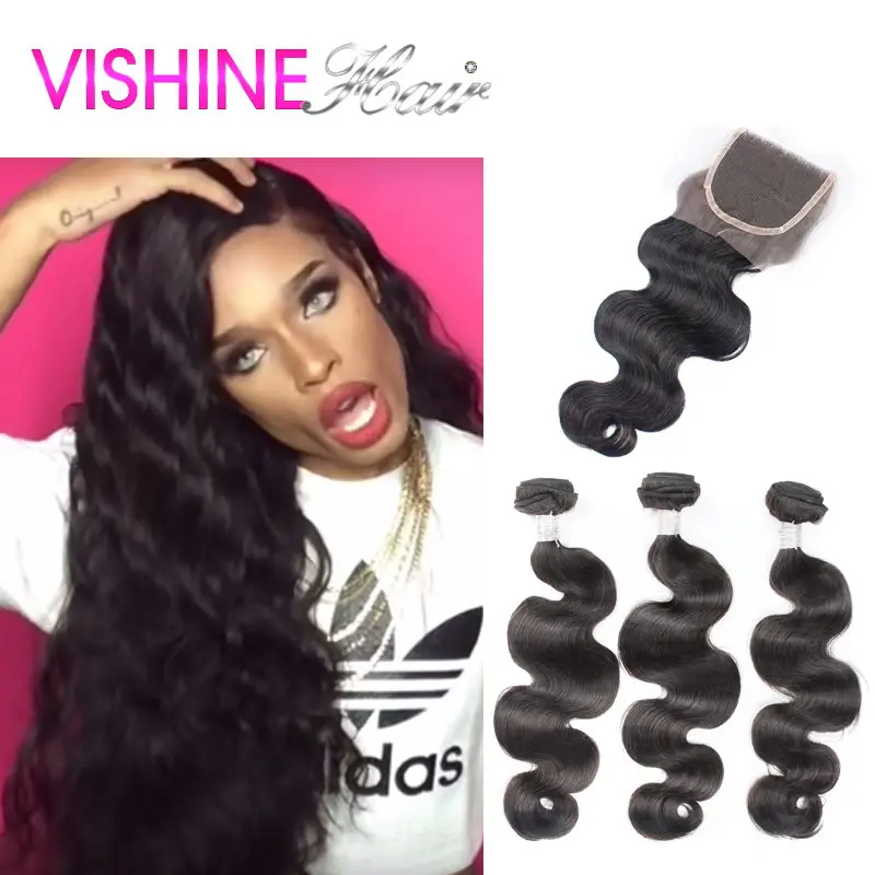 Vishine 7A Peruvian Virgin Hair Body Wave with Closure Human Hair Weave 3/4 Pcs with Closure Peruvian Virgin Hair with Closure