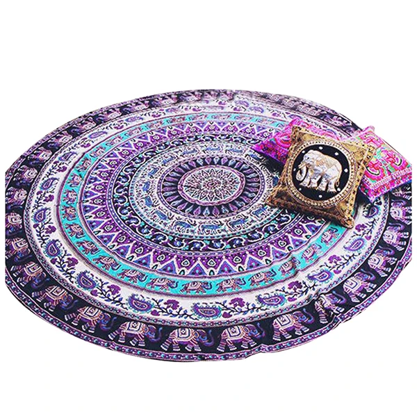 

AIMA Round Print Bohemian Mandala Tapestry Wall Hanging Picnic Beach Towel Blanket Purple Elephant Mandala