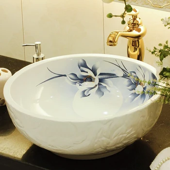 

Lotus carving Handmade Europe Vintage Style Lavobo Ceramic Bathroom Countertop Bathroom Sink decoration bathroom sinks