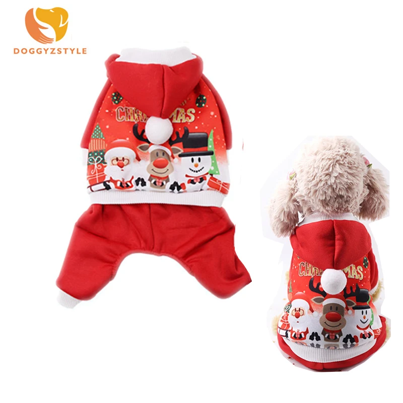 

Pet Dog Christmas Jumpsuit Red Coat Hoodies Perro Outfit Cute Printed Pets Clothing Winter Warm Overall For Small Medium Dogs