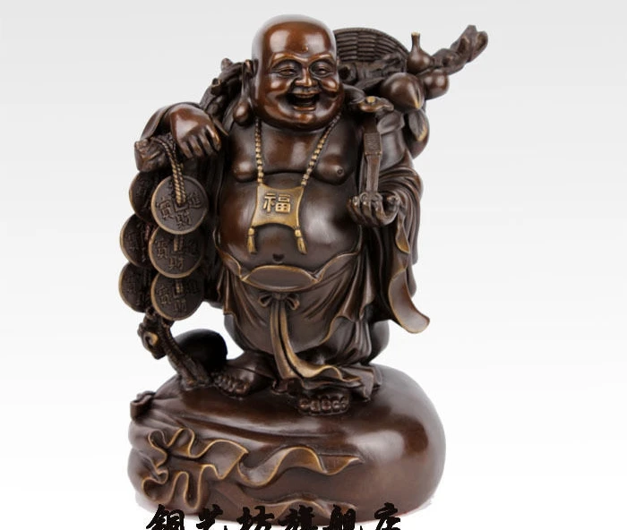

10" China Bronze Happy Maitreya Buddha Coins Gourd Brass Statue
