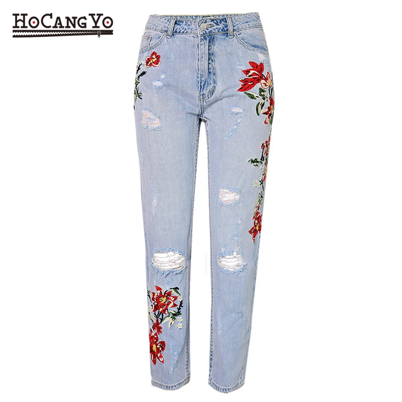 

HCYO Women High Waist Jeans Straight Washed Embroidery Denim Pants Women Hole Denim Jeans Embroideried Cropped Jeans Trousers