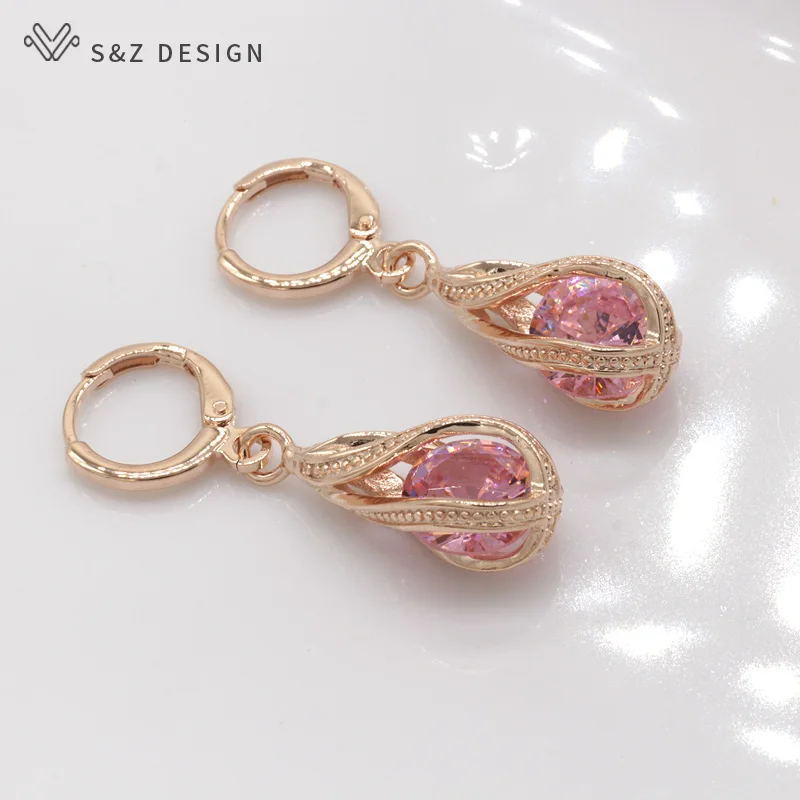 

S&Z 2019 Hot AAA Zircon 585 Rose Gold Color Water Drop Dangle Drop Earrings Korean For Women Fashion Jewelry