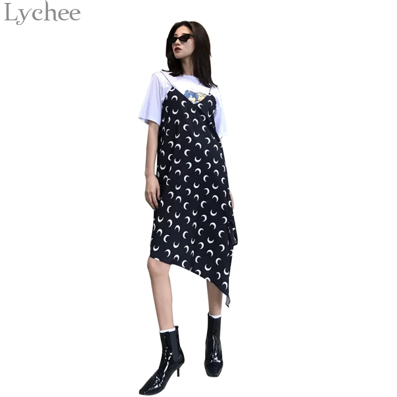 Lychee сладкий луна печати асимметричное платье без рукавов V шеи Летние Платья