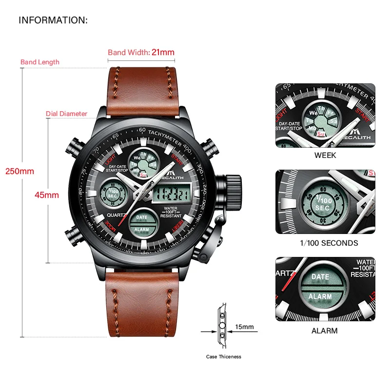 المغليث ووتش الرجال العسكرية الرياضية للماء ساعة اليد LED الرقمية متعددة الوظائف ووتش الذكور ساعة البني جلد طبيعي ووتش
