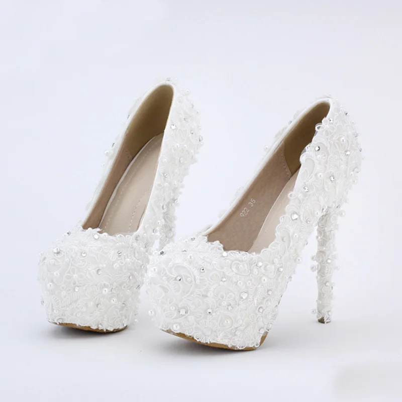 14cm High Heels White Lace PumpsEvenign Prom Bridal Dress Shoes  Platform Bridesmaid Shoes Fashionable Bride Shoes Free Shipping