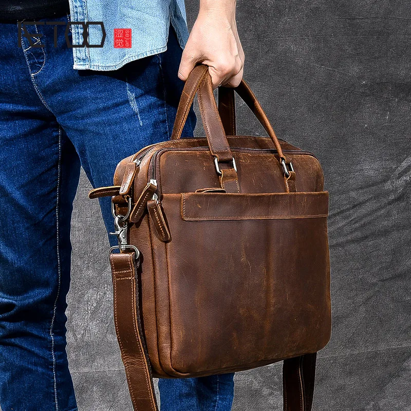 

AETOO Men's Leather Briefcase Retro Crazy Horseskin Crossbody Bags Men's Bags Leather Laptop Bags