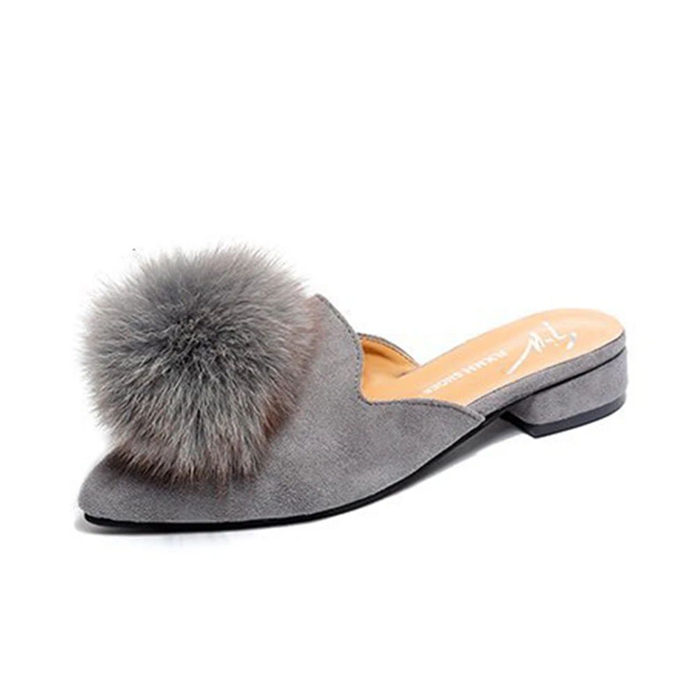 

Autumn Pointed Toe Women Fur Slippers Slip On Casual Low Heel Shoes Fashion Furry Balls Designed Slides Flip Flops