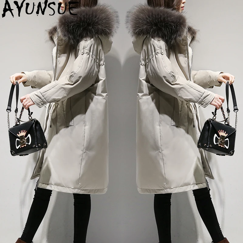 

AYUNSUE Women's Down Jacket Winter Coat Women Hooded Long Thick Warm Big Fur Collar Parka Jackets Chamarras De Mujer KJ440