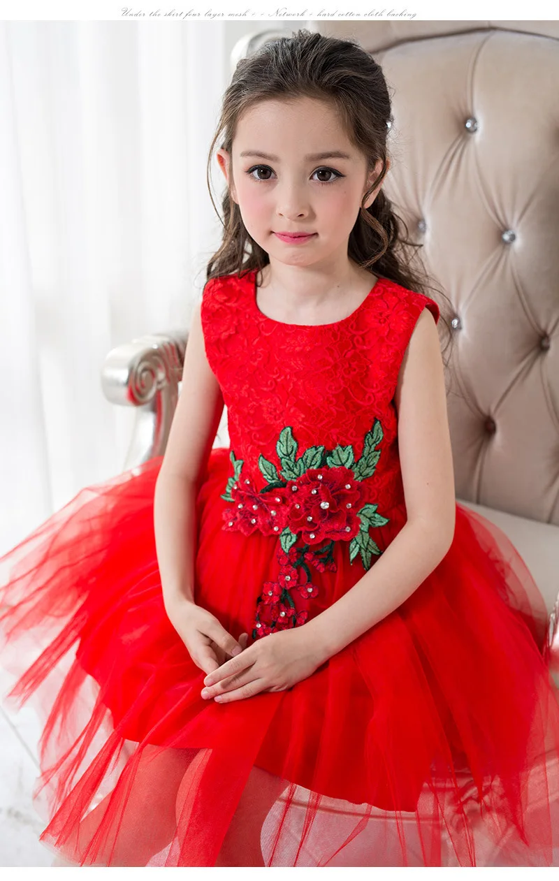 

Korea Flower Girls Dress Birthday Wear Sleeveless Red Mini Girl Vestido for Wedding 2017 Kids Clothes 3 4 6 8 10 12 Years Old
