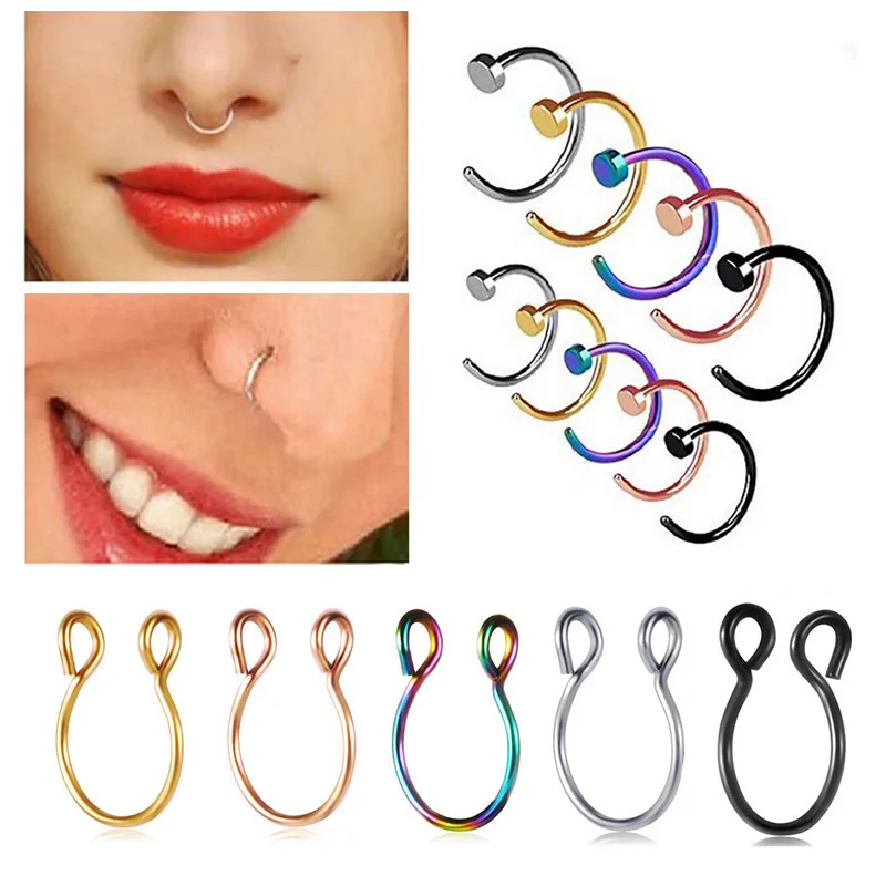 

1 Piece Medical Steel Fake Nose Ring Labret Lip Ring C Clip lip Piercing Helix Piercing Tragus Faux Nose Rings Hoop 0.8x8mm