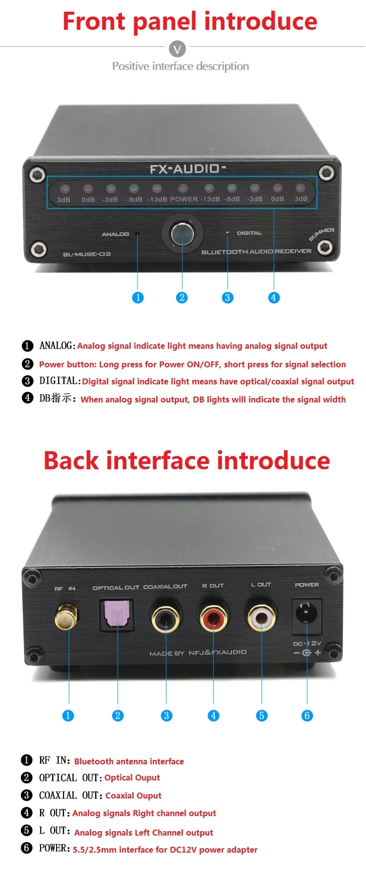 FX-аудио BL-MUSE-02 CSR8670 Bluetooth@4.0 Hi-Fi аудио приемник APTX Выход RCA/оптический/коаксиальный Loseless качество звука 12 V/1A