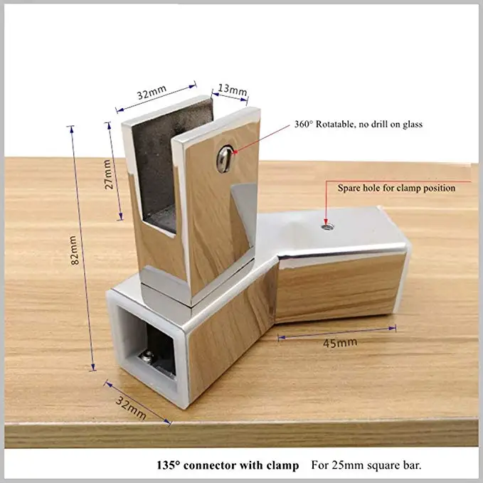 LukLoy Запчасти для душевой штанги, соединитель для головки стержня, стеклянная скоба, стойка для стеклянного зажима, Соединительная труба для 25x25 мм, квадратный зажим для труб - Цвет: 135 degree and clamp