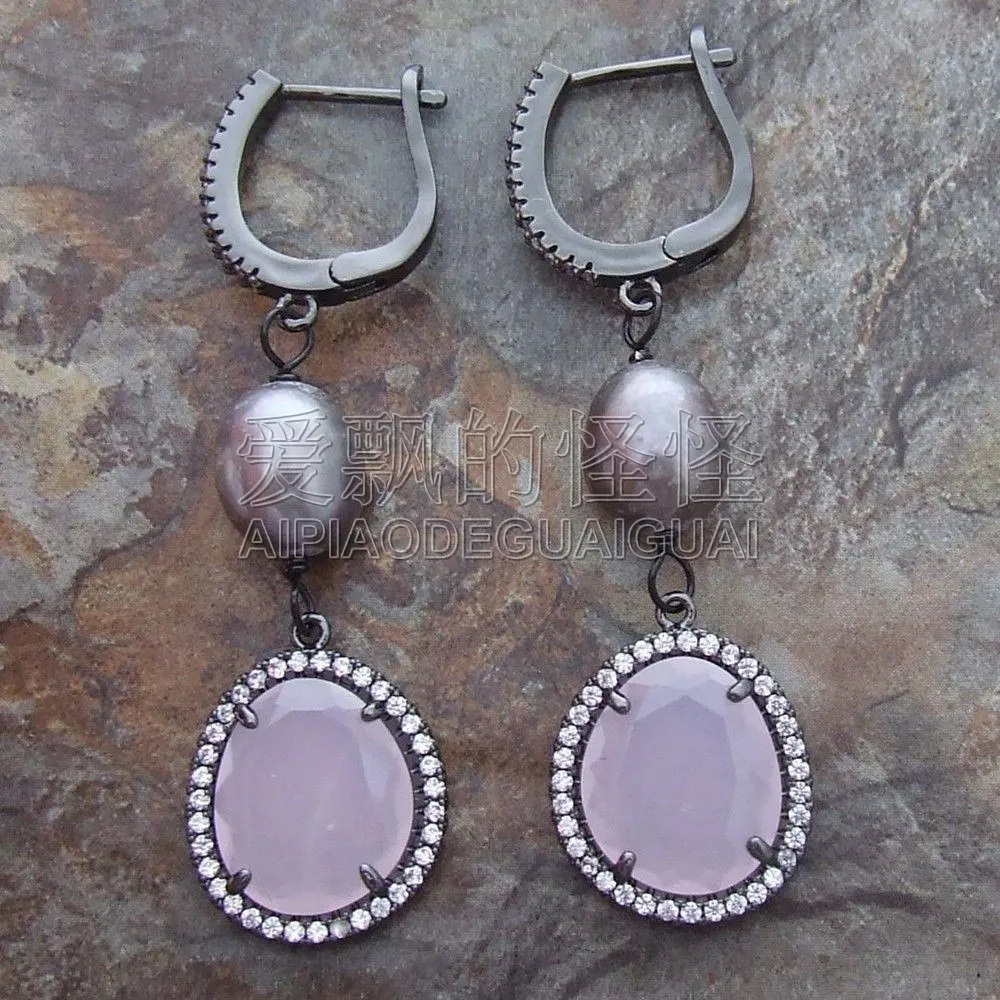 

E080144 Black Rice Pearl Pink Crystal Earrings