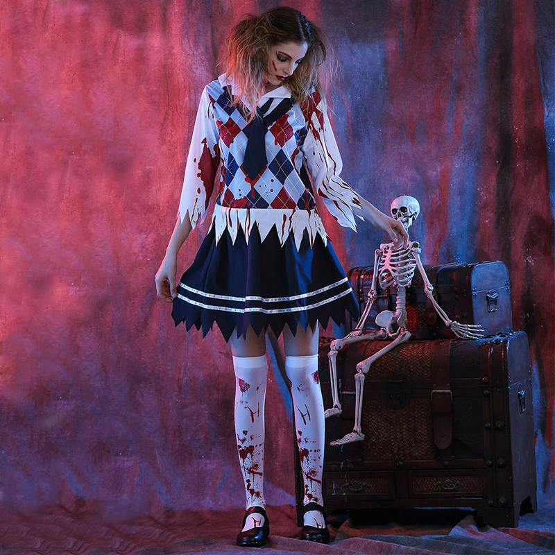 Готическая женщина пугать школьницы Зомби костюм для косплея на Хеллоуин Сексуальная Ночная одежда Клубные вечерние карнавальные ужасные взрослых нарядное платье XL