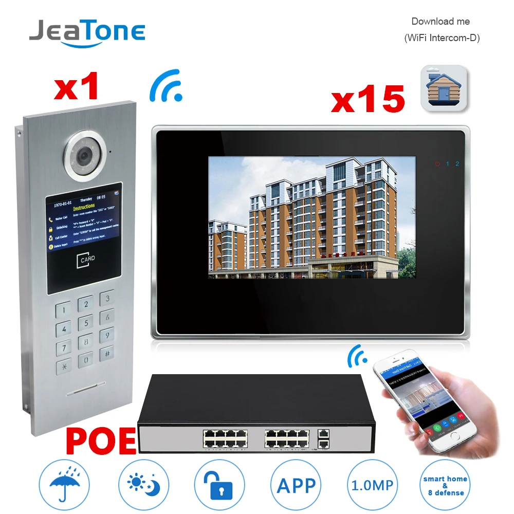 7 ''сенсорный экран wifi IP видео домофон + POE переключатель 15 этажей здание