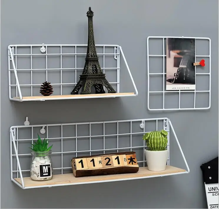 White Metal Wall Rack Iron Flower Vase Holder Multi use Wooden&Metal