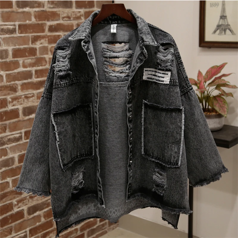 

Spring Autumn Short Denim Jacket Women Korean Loose Red Black Jeans Coat Holes Basics Coat Fashion Big size Ladies Jeans Jacket