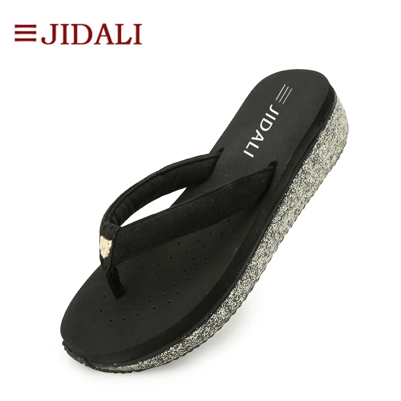 

JIDALI Fashion Shoes Women Flip Flop Middle Platform Wedges EVA Gold Bling Outside Slipper Summer Size 35-39