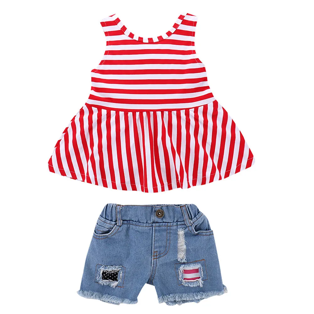 Baby Girls Clothing 2Pcs Baby Kids Girls Clothing Set Striped Tops+Denim Shorts Outfits Clothing Baby Clothes Sets Gifts Clothin