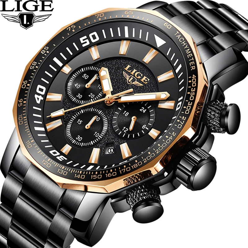 LIGE Топ люксовый бренд мужские s водонепроницаемые кварцевые часы бизнес большой циферблат модные повседневные спортивные полностью черные мужские наручные часы