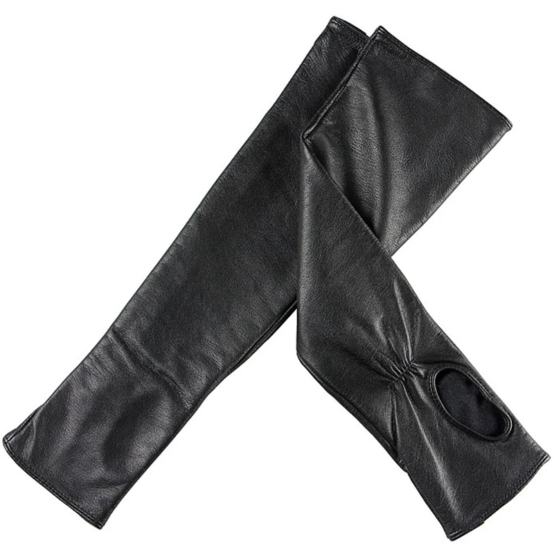 Модные женские черные перчатки без пальцев из овчины, женские длинные теплые зимние перчатки из натуральной кожи, однотонные варежки, распродажа L070NN