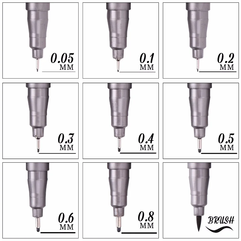 Kaufen 9 teile paket Pigment Liner Pigma Micron Tinte Feine Linie Pen Set 0,05 0,1 0,2 0,3 0,4 0,5 0,6 0,8 Pinsel, schwarz tinte