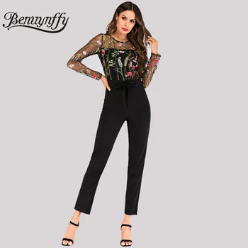 

Benuynffy Sexy Floral Mesh Long Sleeve Elegant Jumpsuit with Belt 2019 Spring summer Black Party Highstreet Women Long Jumpsuits