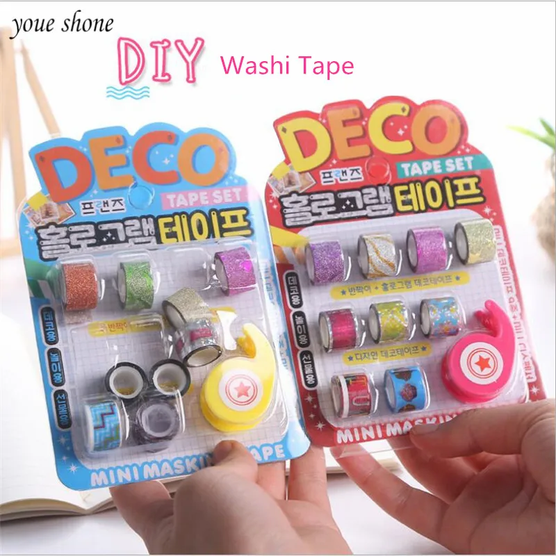 

9Pcs/Set Adhesive Tape Lovely mini glitter Washi Tape Set DIY Decoration Sticker Label Masking Tape School Office Supply