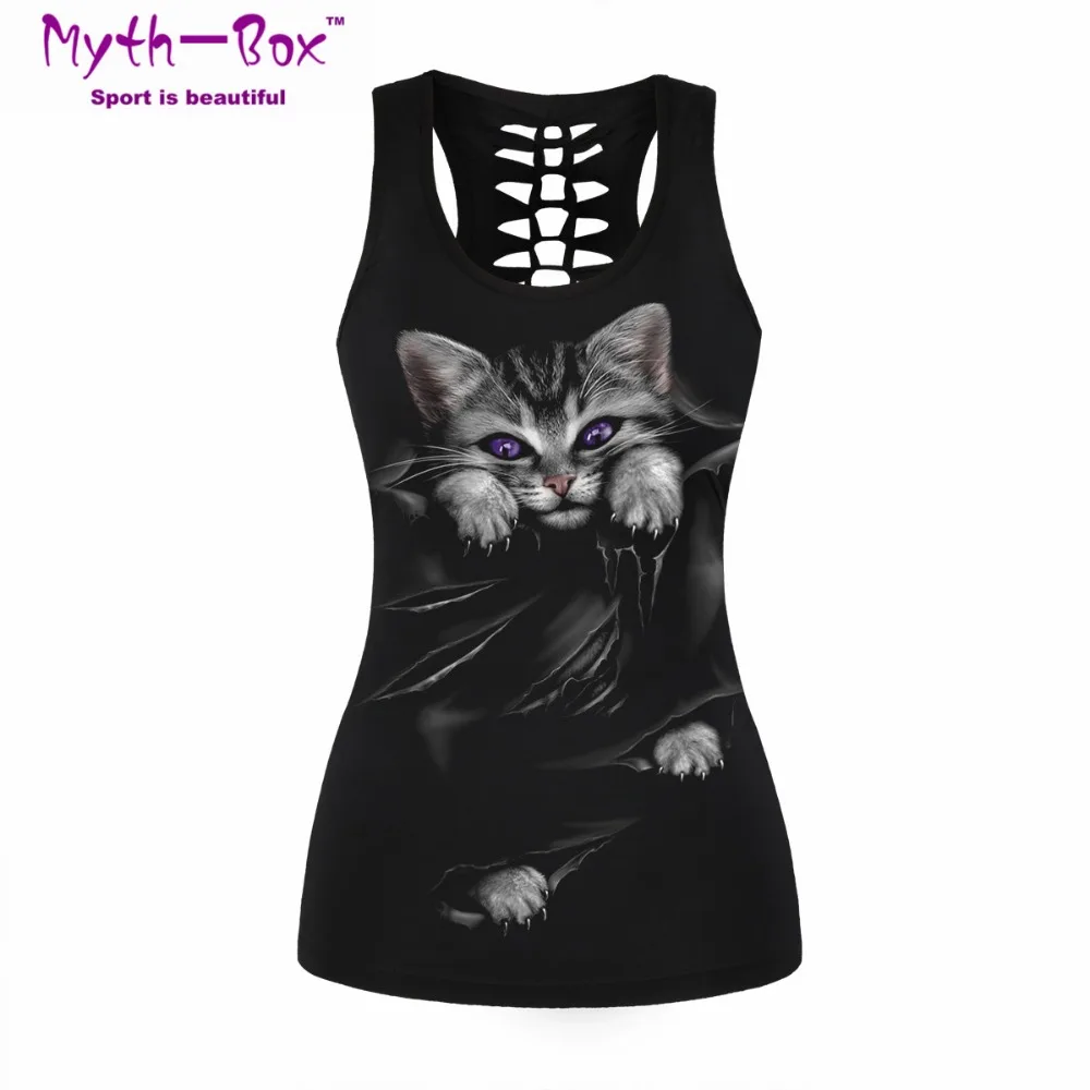 

Women Fitness Tank Tops Bad Cat 3D Print O-neck Black Hollow Out Sport Tee Tops Sleeveless Bottoming Shirts Vest Blouse For Yoga