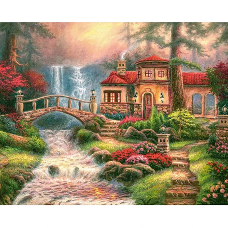 

Complete Painting Diamond Picture Scenery Waterfall Bridge House of Diamond Cross Stitch Rhinestone Embroidery Mosaic Decoration