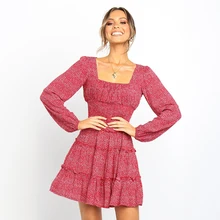 Elegant women dress broken flower square collar elastic waist mini dress sexy women red short dress party night night broken