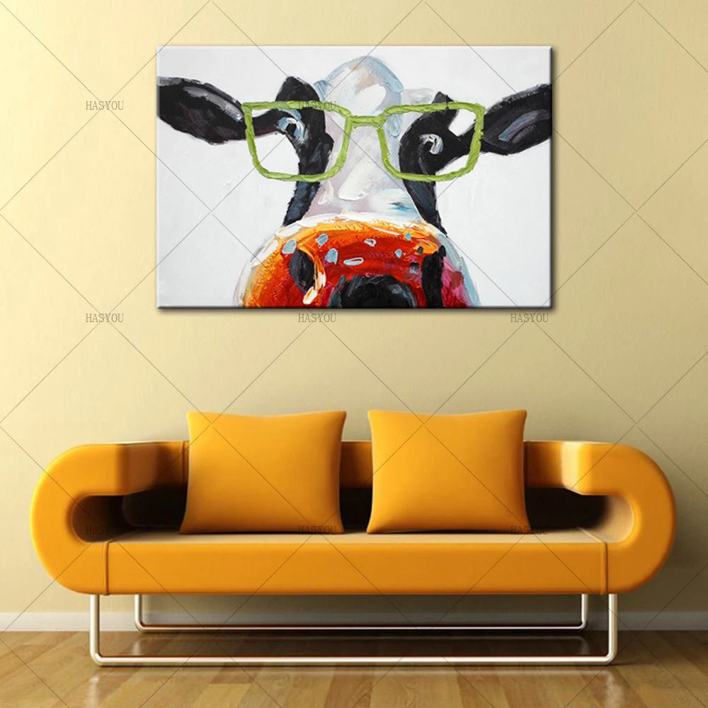 Cartoon-Animal-Funny-Cows-Wear-Glasses-Acrylic-Oil-Painting-Canvas-Art-Wall-Mural-Pictures-Decoration-for