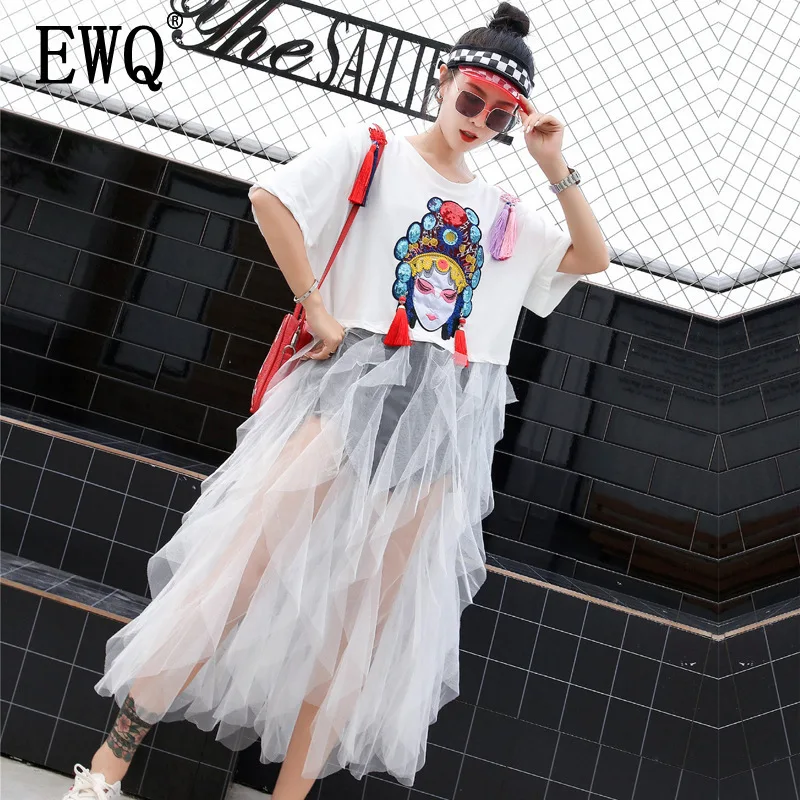 

[EWQ]2019 Summer New Sweet Fashion Clothes O-Neck Short Sleeve Embroidery Sequined Patchwork Mesh Loose Feminina Dresses QH947