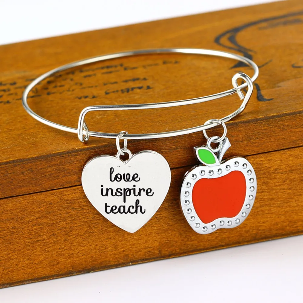 12PC/Lot Teacher's Day Gift Love Inspire Teach Bracelet Heart Apple