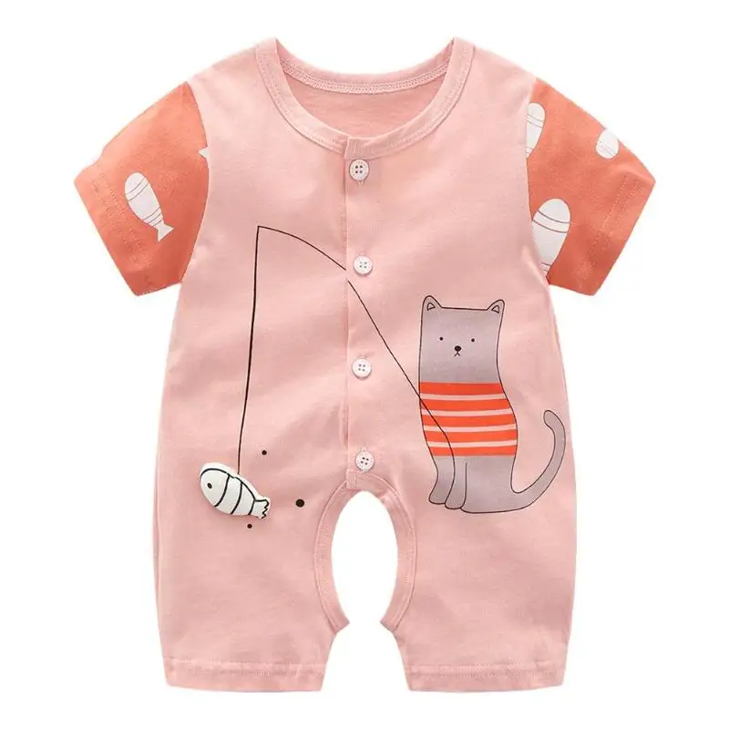 

Baby Jumpsuit Boys Girls O-Neck Cartoon Romper Short Sleeve Front Buttons Jumpsuit Cartoon Cat Print Bodysuit for Unisex Baby