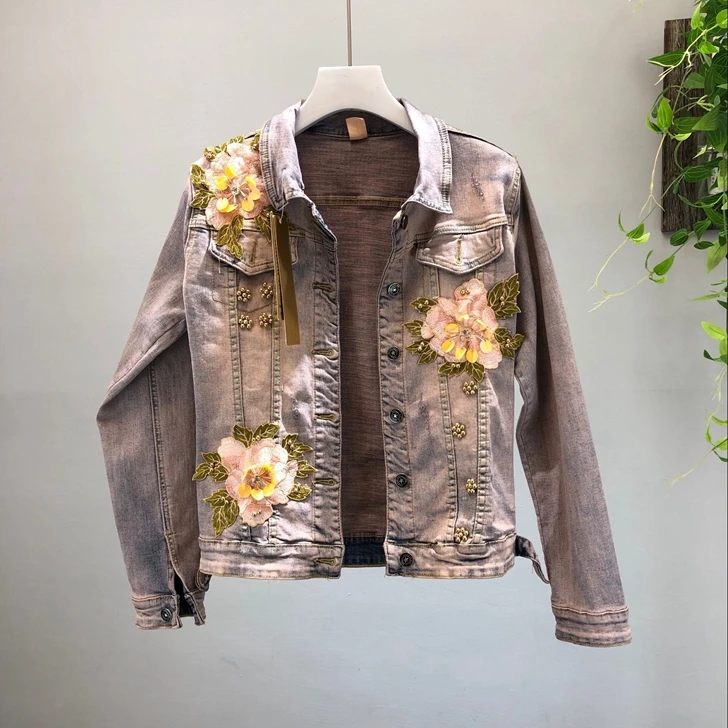 Rétro Bleu Femme Élastique Lourd Perle Vestes Mode Style Court Veste Trois Fleurs De Dimensions Denim Nouvelle Chute 2018 Jeans Manteaux qUzVLMpGS
