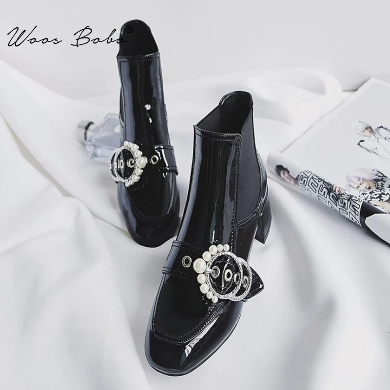 

WOOS BOBO Luxury leather Square toe Women ankle boots Pearl with diamond buckle women Martin boots Thick heel women shoes