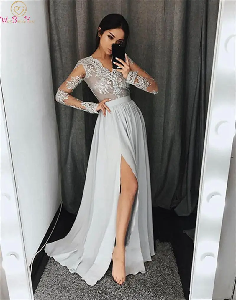 

2019 New Gray Evening Dresses A Line Simple Appliques V Neck Long Sleeve Split Robe Floor Length Chiffon Prom Formal Party Gowns