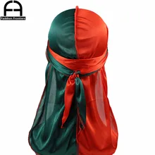 Durag unisexe deux tons en soie pour hommes, couvre-chef Bandana soyeux avec couture à l'extérieur, chapeau ondulé, Turban, longues bretelles